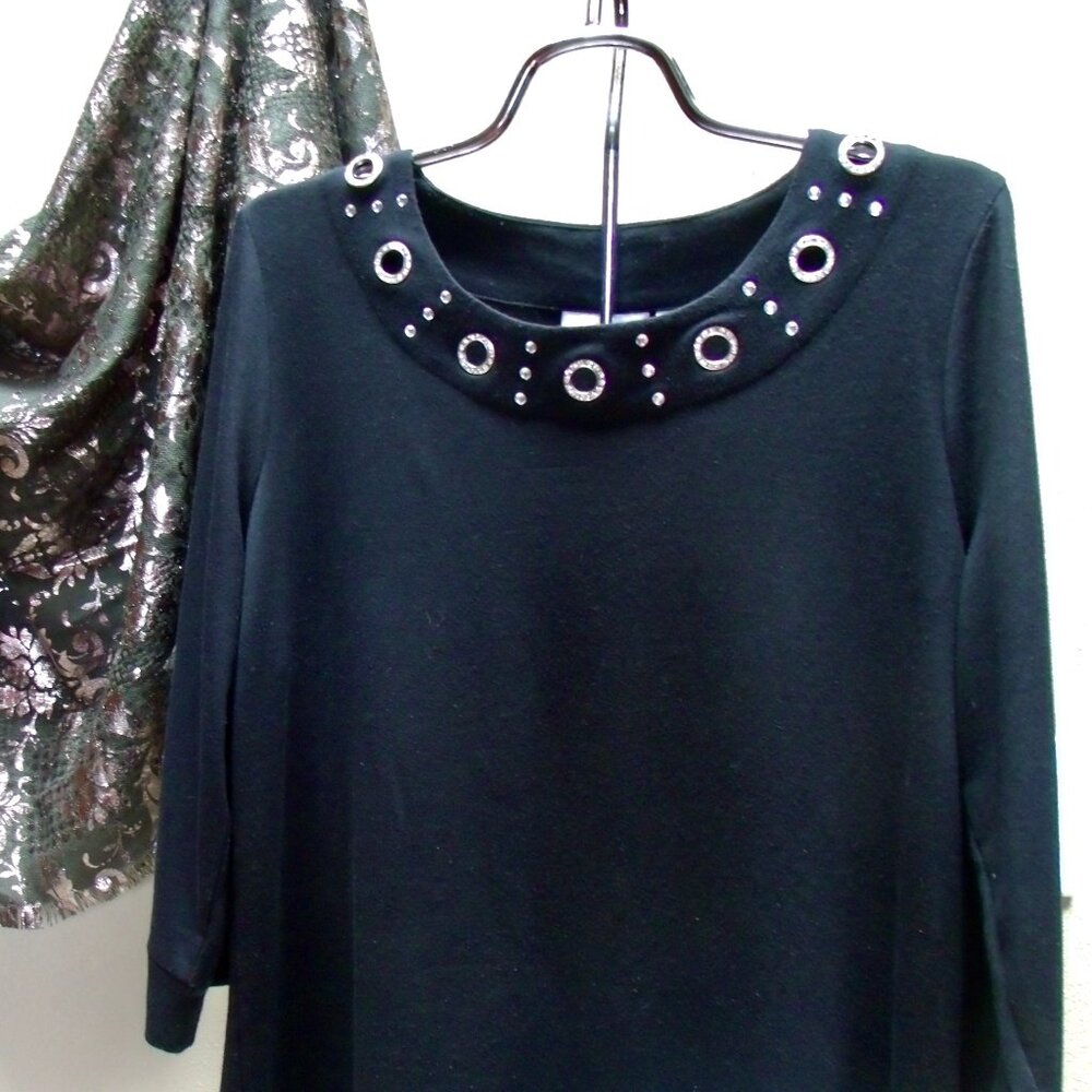 Quacker Factory Black Nautical Rhinestone Embellished Top Sz M